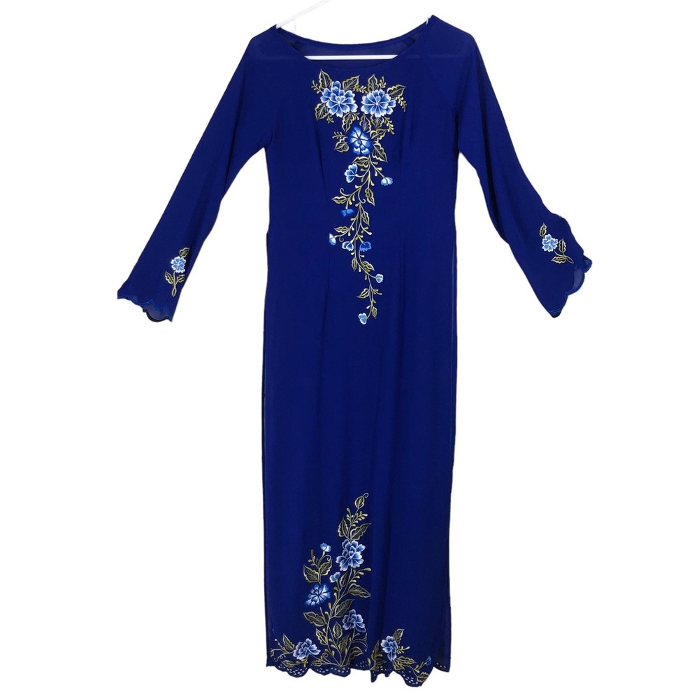 Lapiz Embroidered Maxi Chianese Tunic, Long Sleeve, High Slits, Asian Ao Dai COS